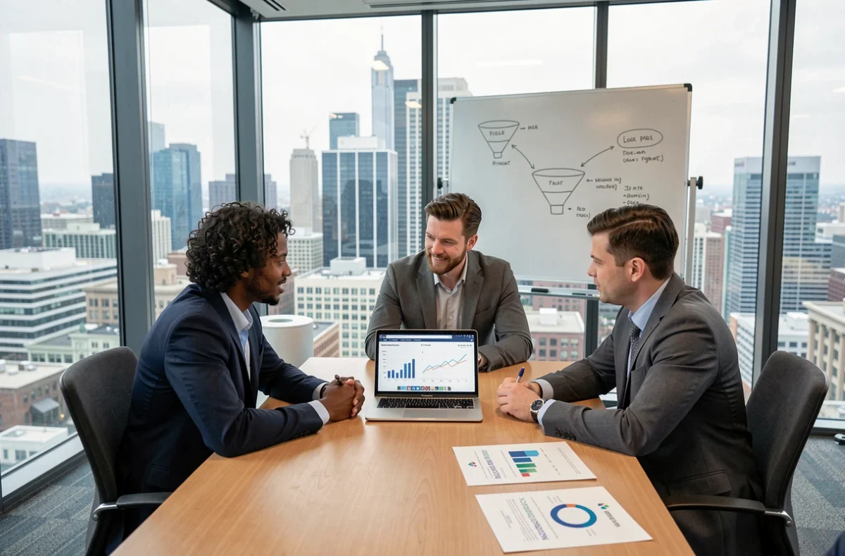 Équipe pluridisciplinaire en réunion autour de données d'impact consommateur et de performance marketing
