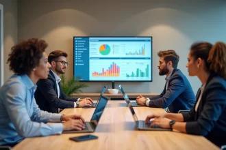 Groupe de professionnels discutant autour d'une table avec écran HR