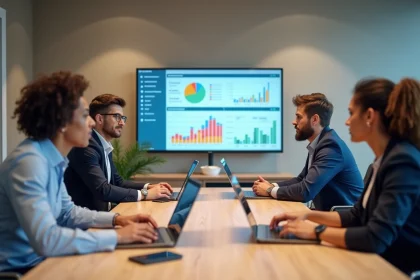 Groupe de professionnels discutant autour d'une table avec &eacute;cran HR