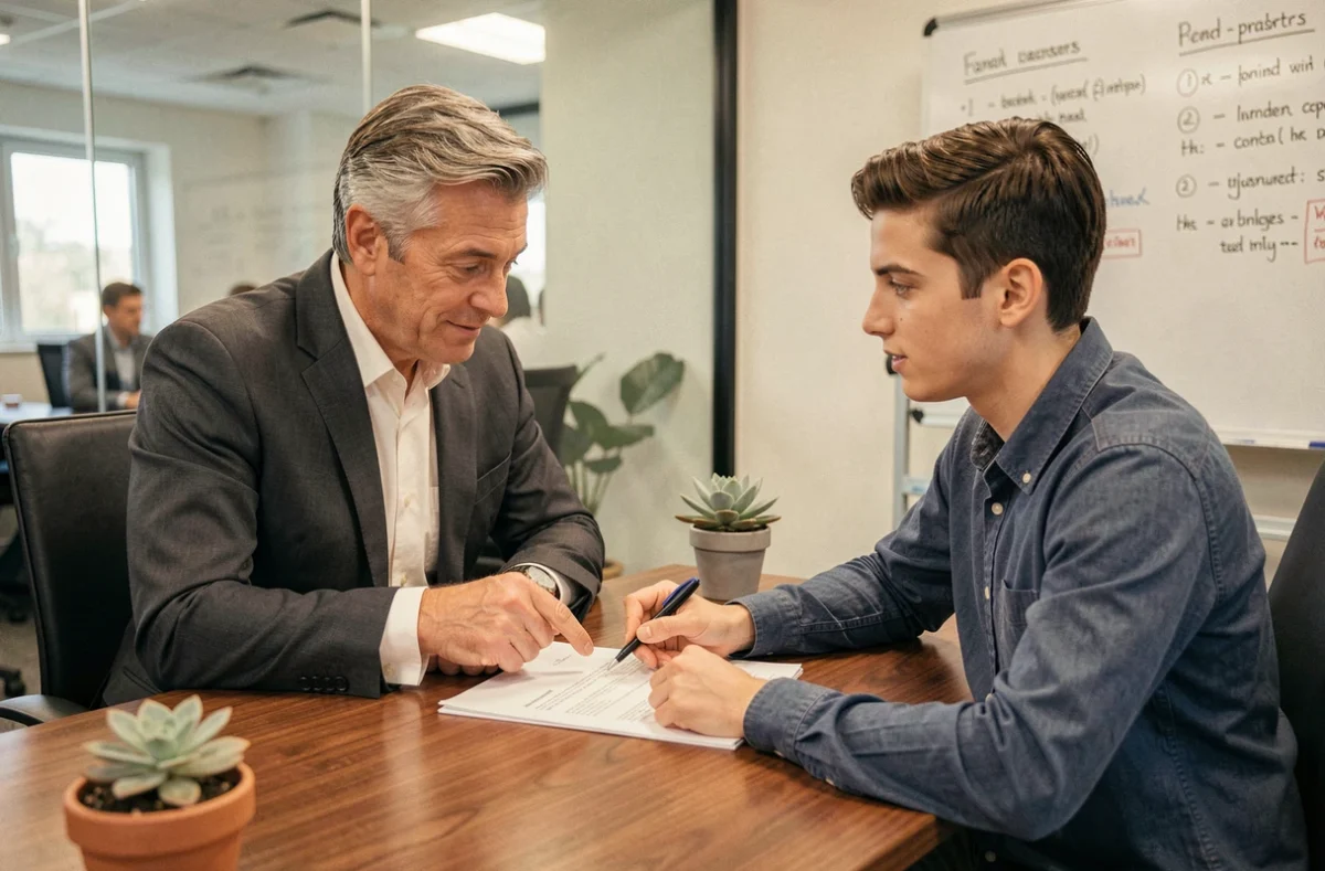 Responsable RH en costume charbon expliquant les différences entre jours ouvrés et ouvrables à un employé lors d'une réunion autour d'un contrat de travail