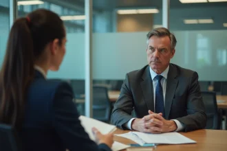 Réunion formelle entre un responsable RH et une employée discutant d'un licenciement dans un bureau d'entreprise moderne