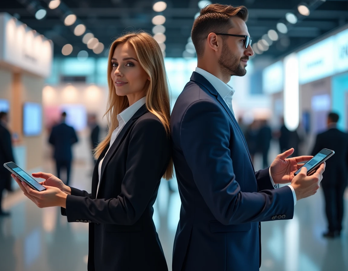 Une femme et un homme d'affaires se tiennent dos à dos lors d'un salon professionnel, chacun portant un produit concurrent, illustrant la rivalité entre marques commerciales