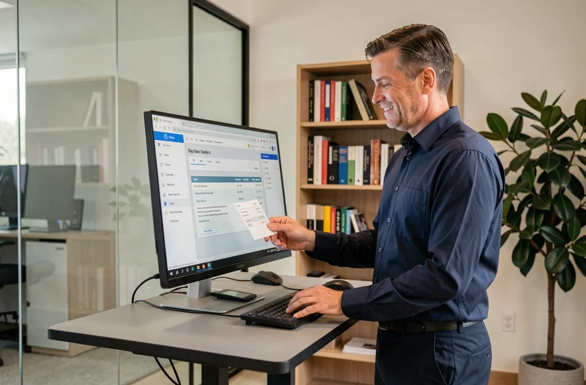 Salarié consultant sa fiche de paie en ligne sur son espace DeskRH depuis un poste de travail de bureau