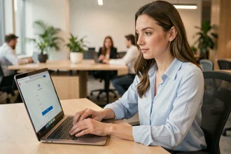 Salariée se connectant à son espace personnel DeskRH sur un ordinateur portable dans un bureau moderne