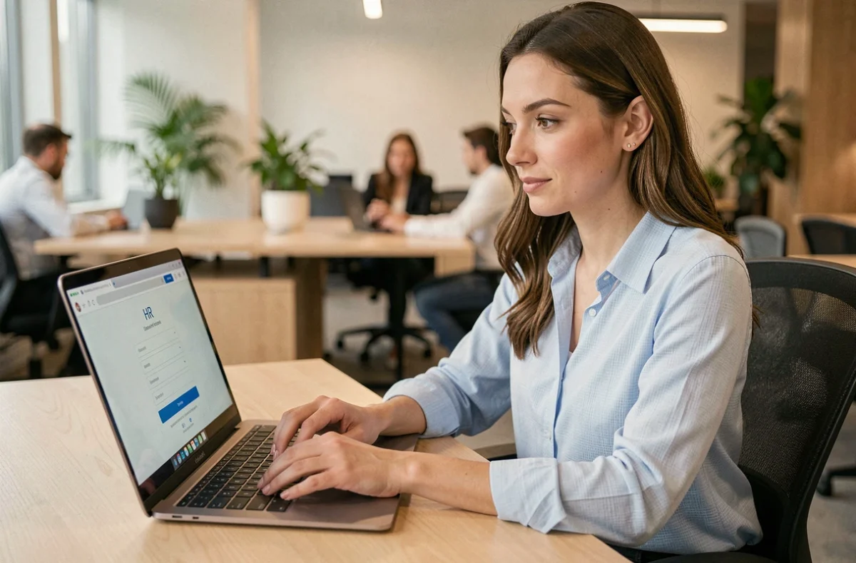 Salariée se connectant à son espace personnel DeskRH sur un ordinateur portable dans un bureau moderne