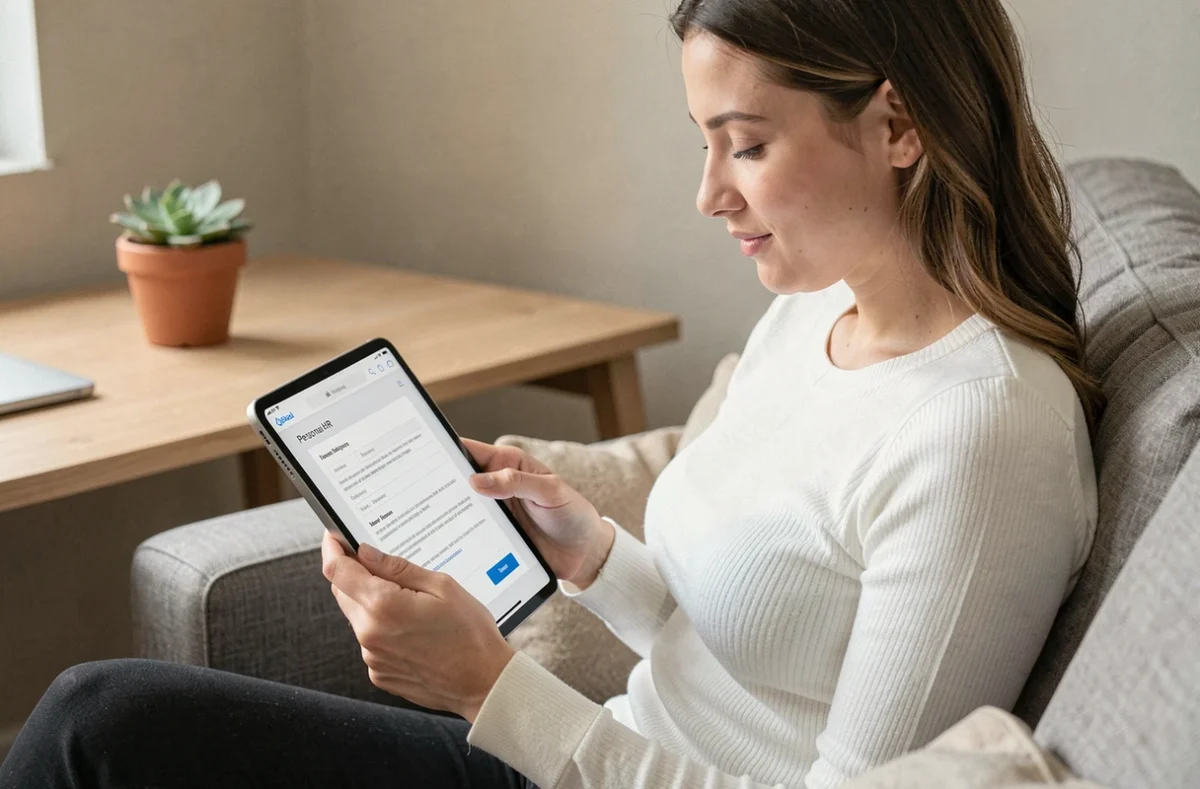 Salariée en télétravail accédant à son espace personnel RH DeskRH via une tablette depuis son domicile