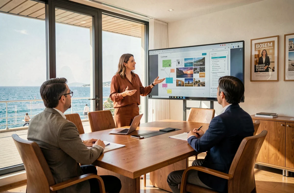 Directrice de l'agence Storystellar à Nice présentant un storyboard publicitaire à son équipe dans une salle de réunion avec vue sur la Promenade des Anglais