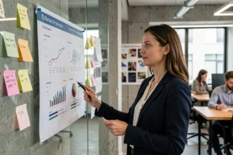 Stratège marketing analysant un tableau de bord de performance de marque dans une agence moderne