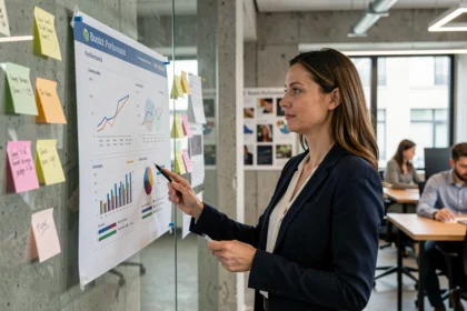 Stratège marketing analysant un tableau de bord de performance de marque dans une agence moderne