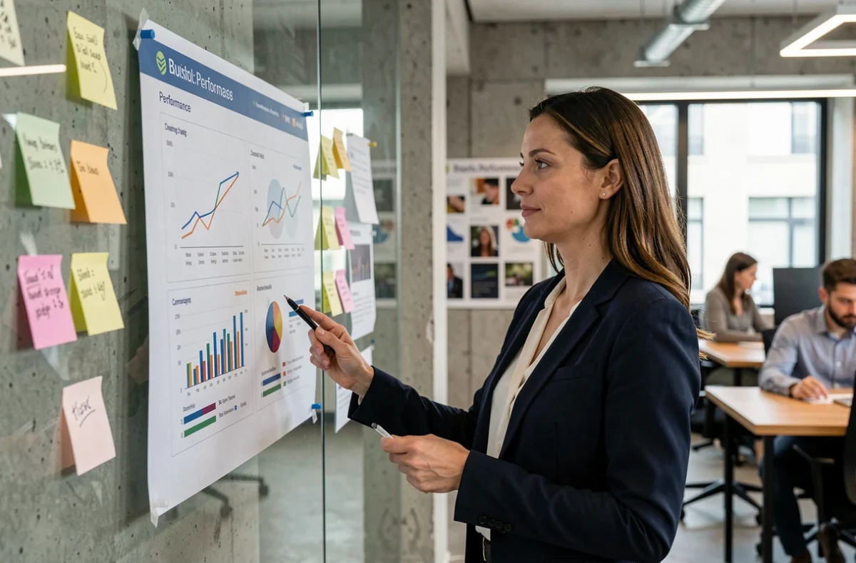 Stratège marketing analysant un tableau de bord de performance de marque dans une agence moderne