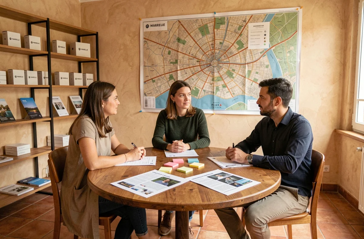 Équipe de l'agence de communication généraliste Sunmade à Marseille en réunion autour de supports de campagne imprimés dans un bureau au style méditerranéen
