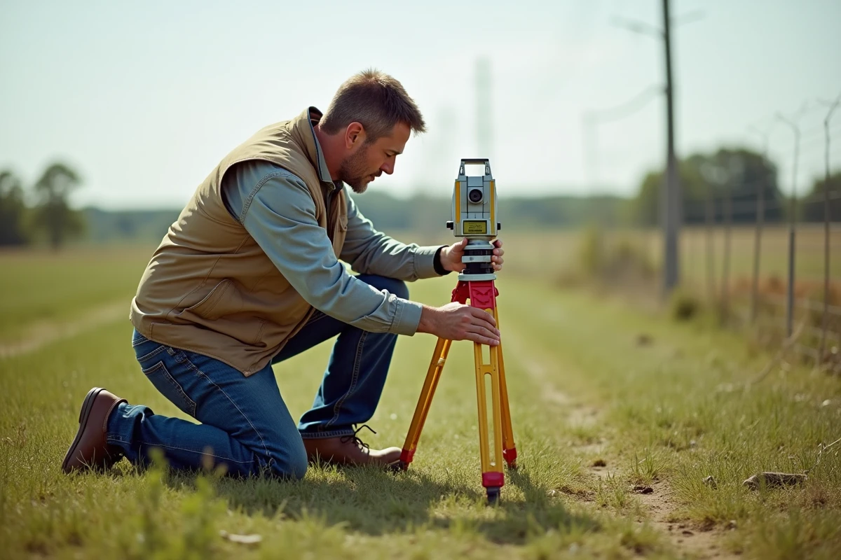 Hommes mesurant un acre dans un champ rural avec un outil de survey
