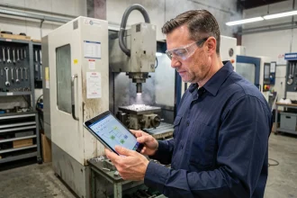Technicien CNC analysant une tablette de transition logicielle dans un atelier de production industrielle en activité