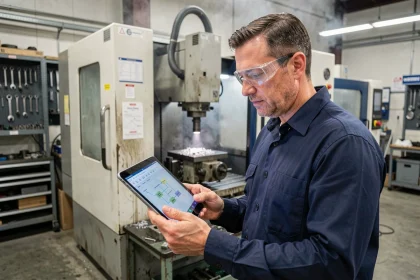 Technicien CNC analysant une tablette de transition logicielle dans un atelier de production industrielle en activité