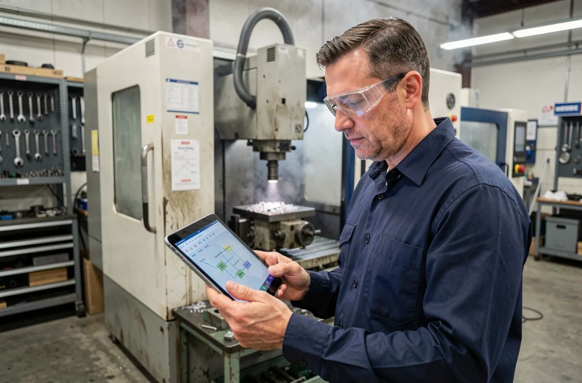Technicien CNC analysant une tablette de transition logicielle dans un atelier de production industrielle en activité