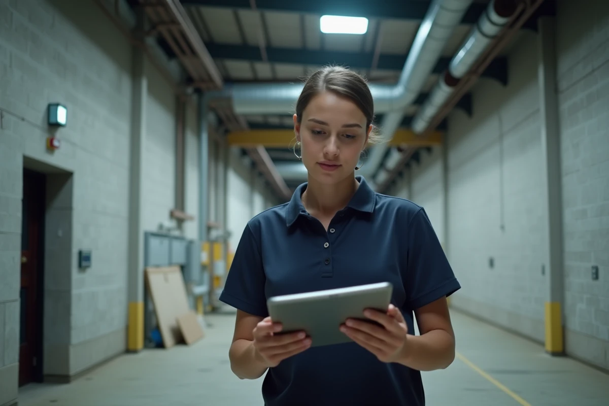 Technicienne de bâtiment vérifiant les plannings de maintenance multi-sites sur tablette dans un couloir industriel