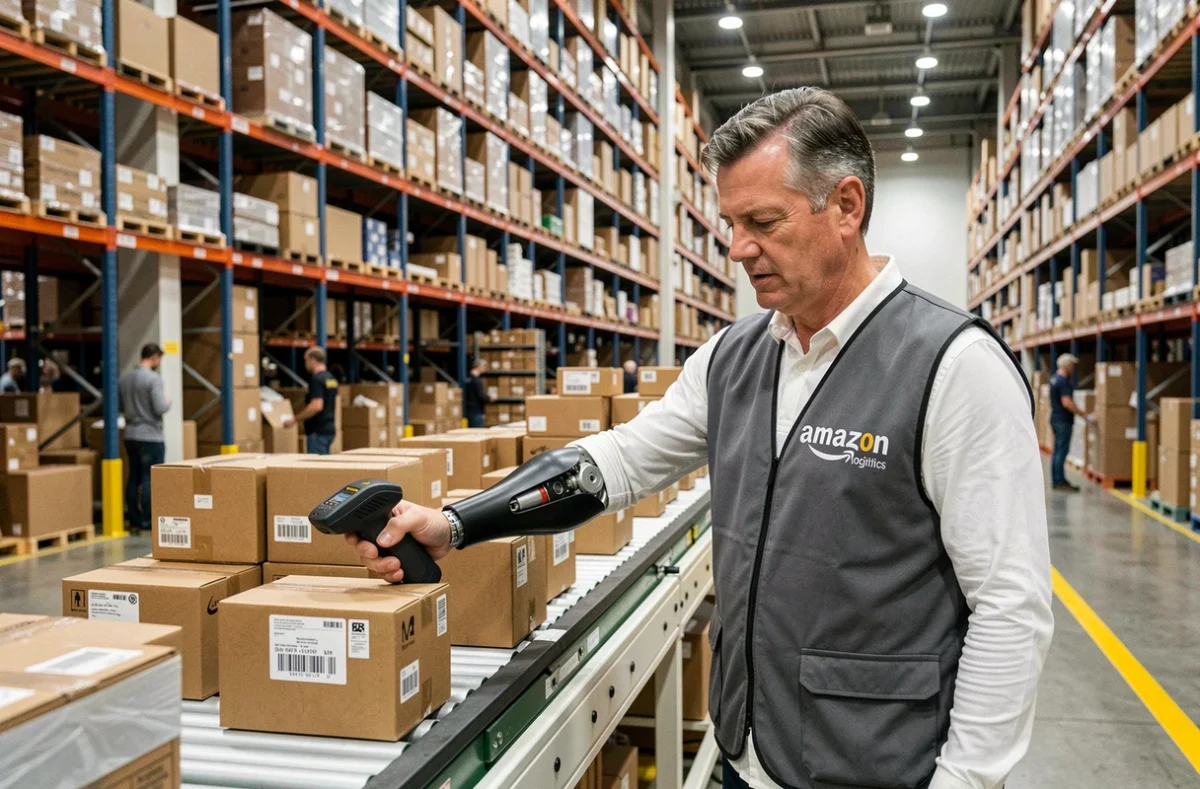Homme avec prothèse de bras scannant des colis sur un tapis roulant dans un centre de distribution Amazon