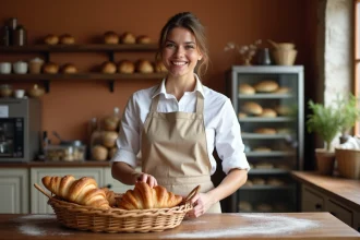 Vendeuse en boulangerie artisanale arrangeant des viennoiseries derrière le comptoir