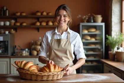 Vendeuse en boulangerie artisanale arrangeant des viennoiseries derrière le comptoir