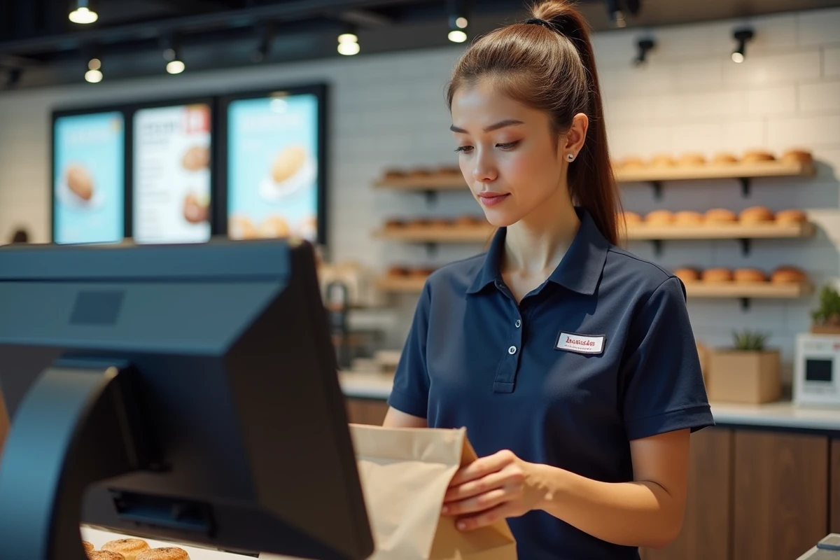 Vendeuse en grande chaîne de boulangerie encaissant une commande au terminal de vente