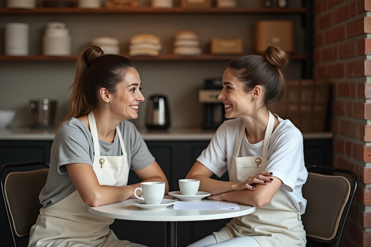 Deux vendeuses en boulangerie discutant de leur fiche de paie pendant une pause