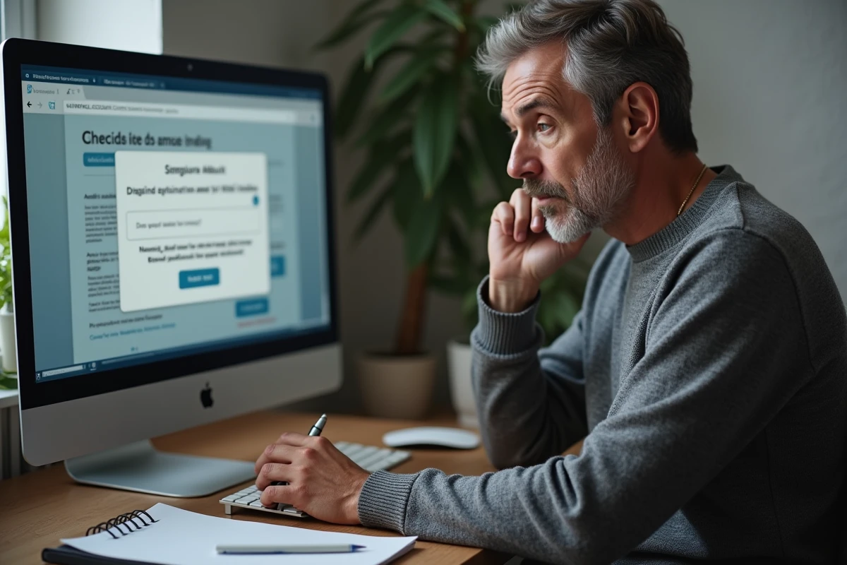 Homme en télétravail vérifiant les paramètres d'un compte Terciel bloqué sur un ordinateur de bureau à domicile