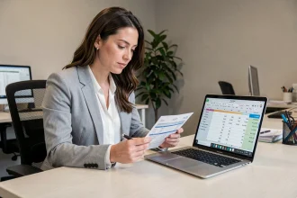 Femme en bureau vérifiant sa fiche de paie avec calcul des 151,67 heures mensuelles sur ordinateur portable