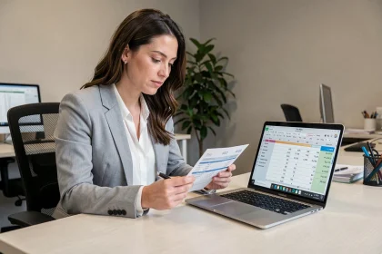 Femme en bureau vérifiant sa fiche de paie avec calcul des 151,67 heures mensuelles sur ordinateur portable