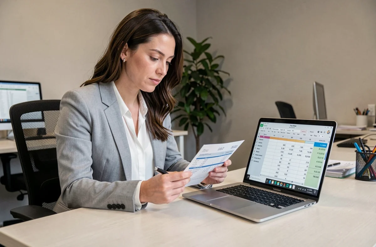 Femme en bureau vérifiant sa fiche de paie avec calcul des 151,67 heures mensuelles sur ordinateur portable